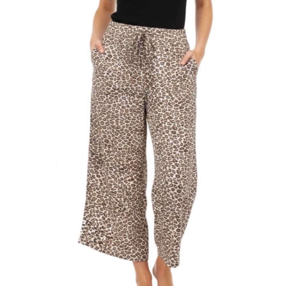 C & C CALIFORNIA Thin CREPE Tie Belt LEOPARD PRINT CROPPED WIDE LEG Pants Sz L
